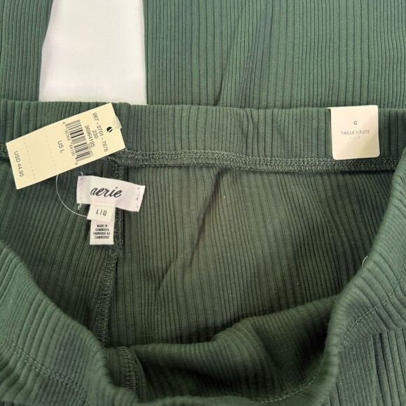 NWT Aerie Green Size L Flared High Waist Kick Flare Ribbed Pants Cropped Cotton - Picture 9 of 12